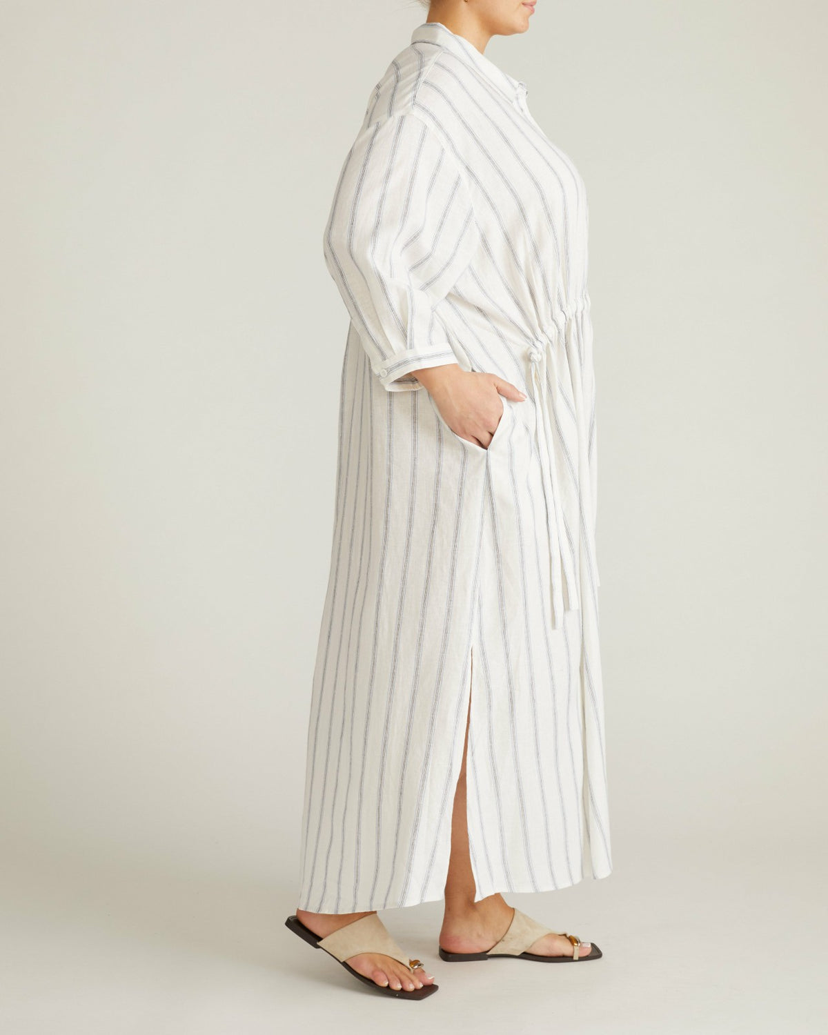 Paros Drawstring Linen Blend Shirtdress - Mayfair Stripe | Universal Standard