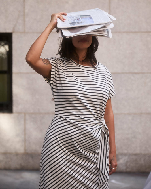 Crescent Breton Stripe Knot Dress - Ecru/Black Stripe | Universal Standard