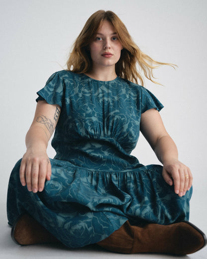 Mariella Stretch Cupro Dress - Rose Print in Deep Teal | Universal Standard
