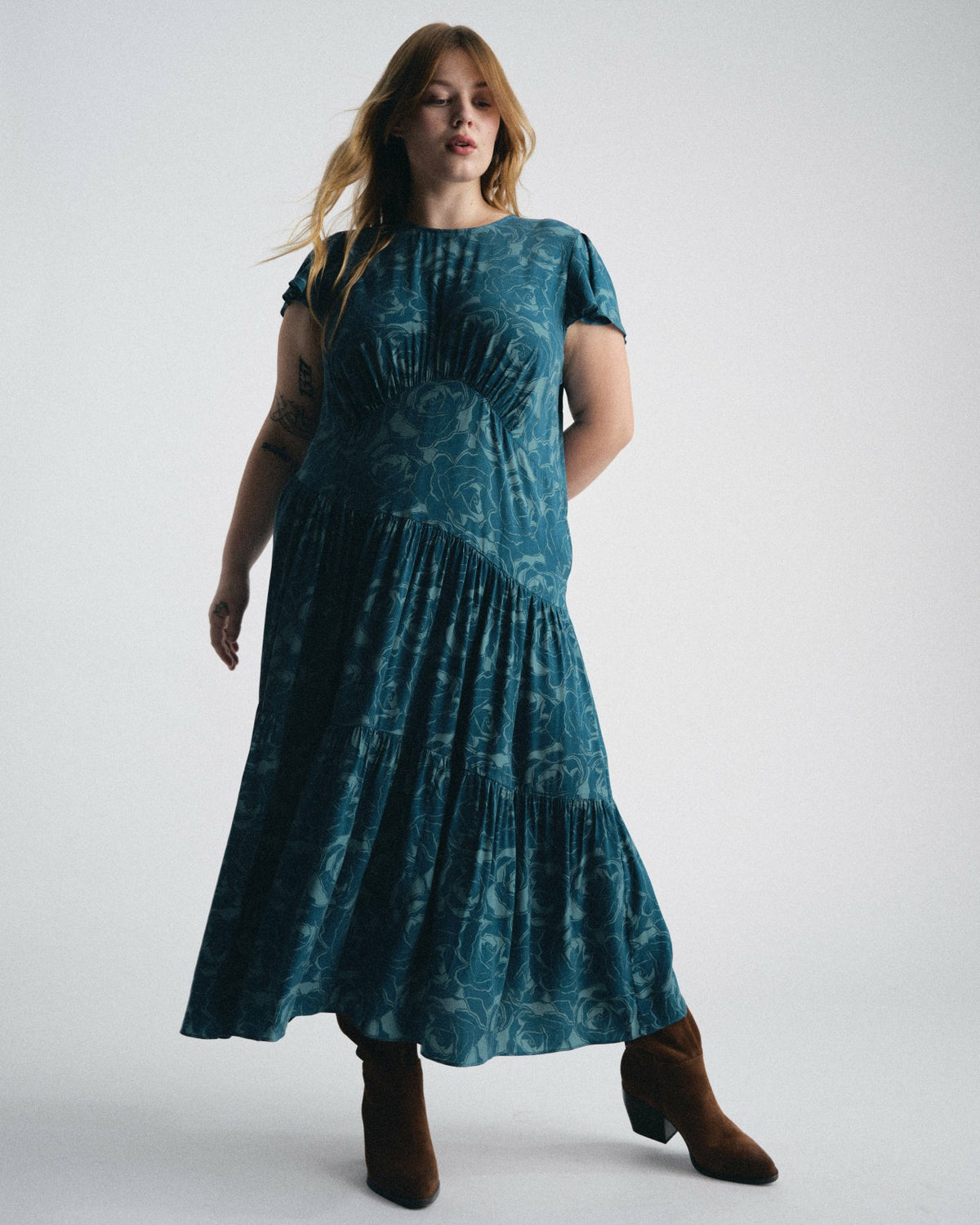 Mariella Stretch Cupro Dress - Rose Print in Deep Teal | Universal Standard