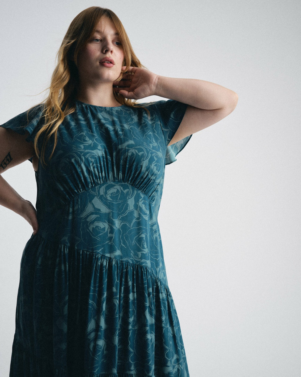 Mariella Stretch Cupro Dress - Rose Print in Deep Teal | Universal Standard