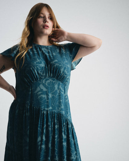 Mariella Stretch Cupro Dress - Rose Print in Deep Teal | Universal Standard