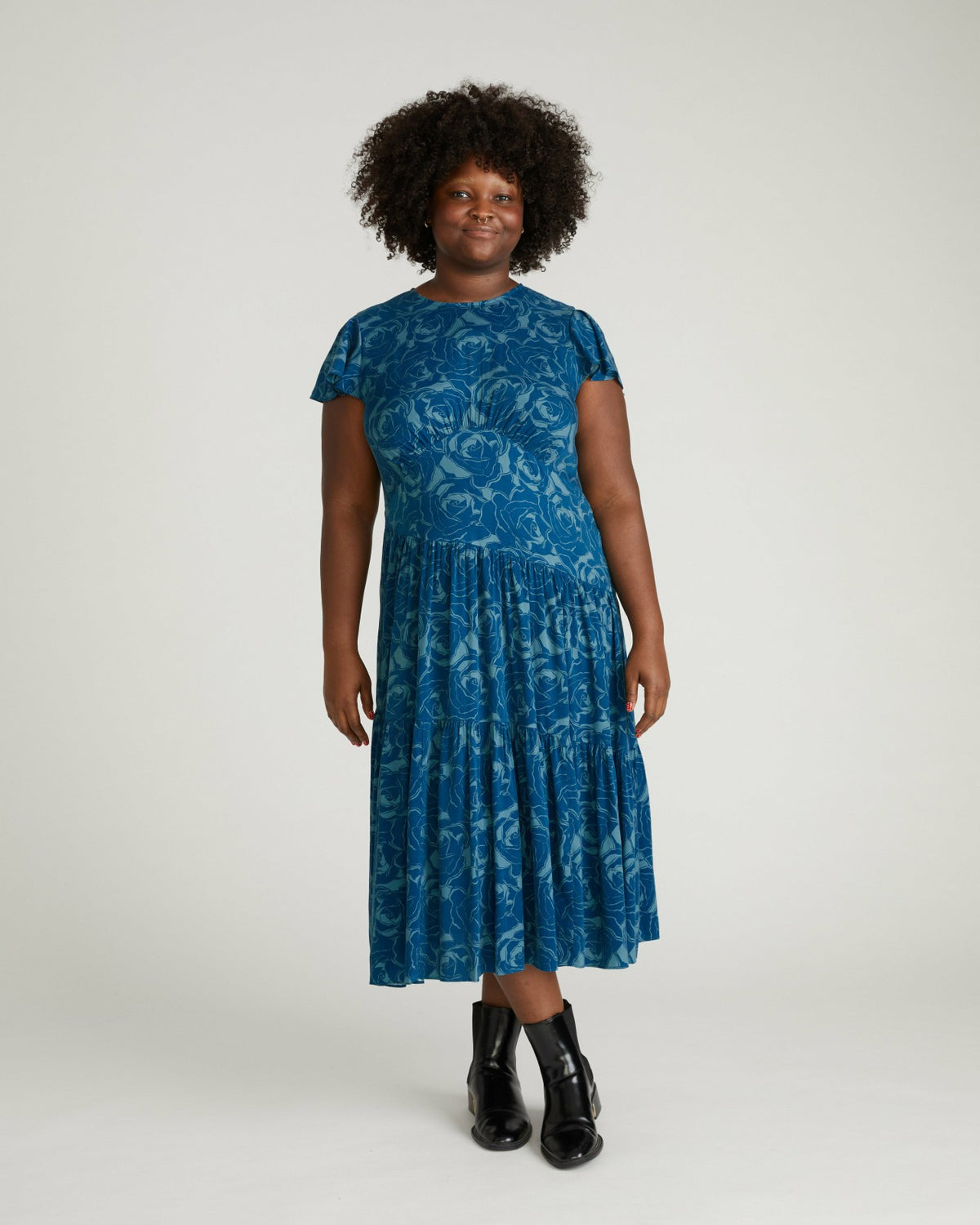 Mariella Stretch Cupro Dress - Rose Print in Deep Teal | Universal Standard