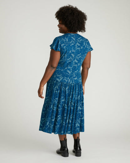 Mariella Stretch Cupro Dress - Rose Print in Deep Teal | Universal Standard