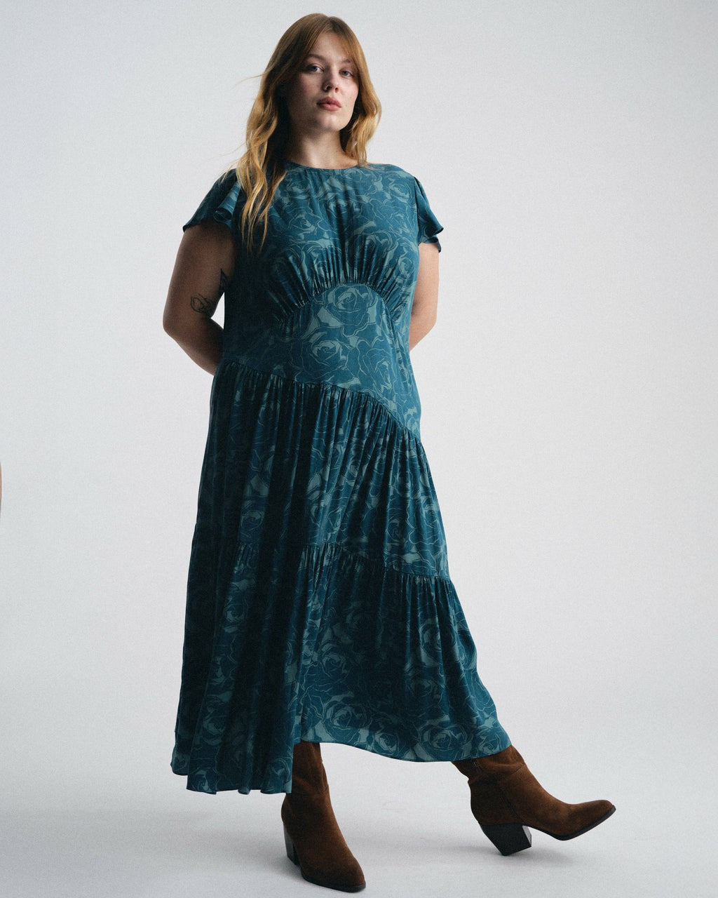 Mariella Stretch Cupro Dress - Rose Print in Deep Teal | Universal Standard