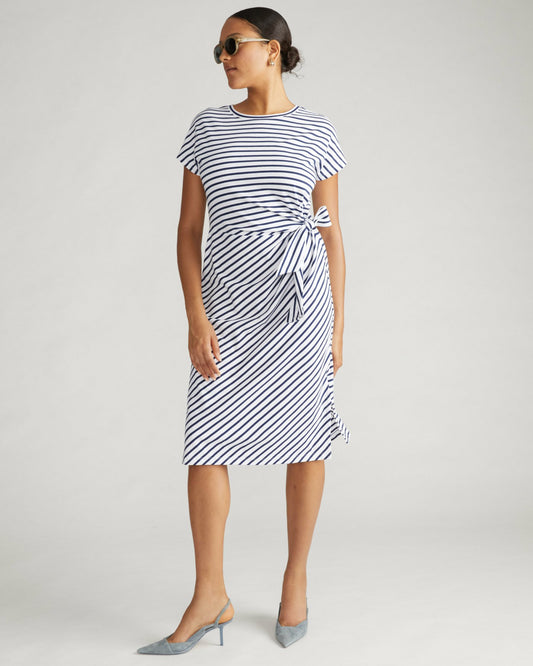 Crescent Breton Stripe Knot Dress - White/Cenote Stripe | Universal Standard