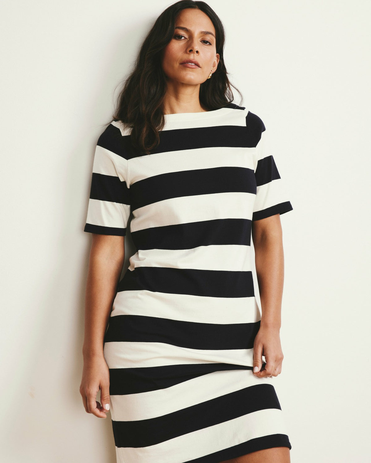 Belle Breton Stripe Jersey Dress - Ecru/Black Rugby Stripe | Universal Standard