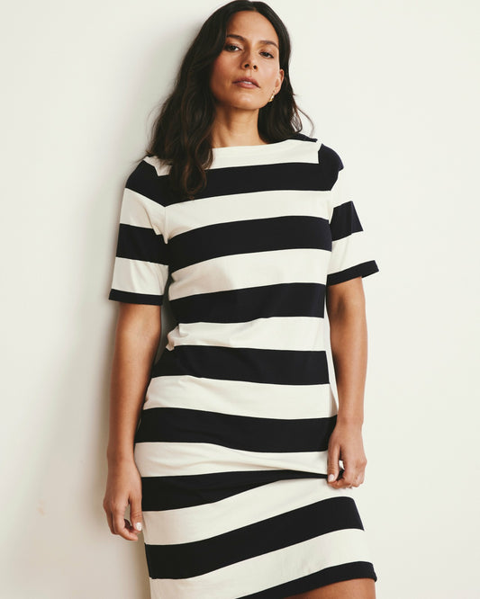 Belle Breton Stripe Jersey Dress - Ecru/Black Rugby Stripe | Universal Standard