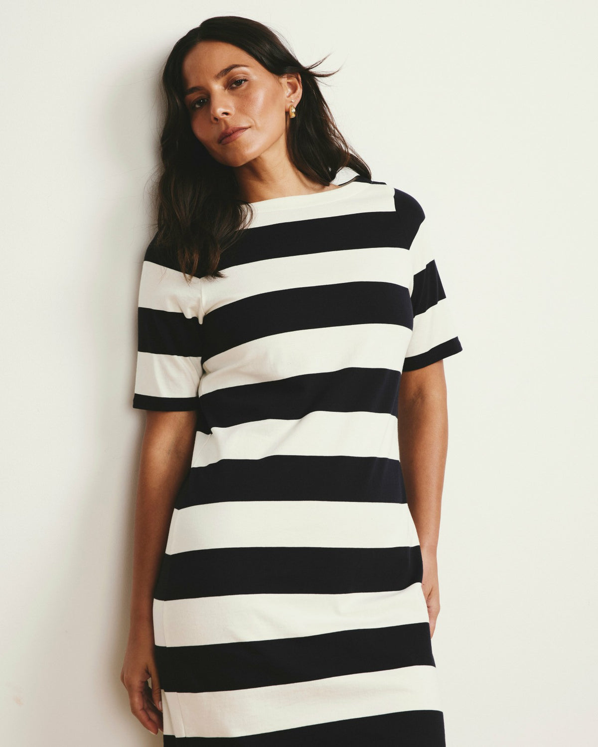 Belle Breton Stripe Jersey Dress - Ecru/Black Rugby Stripe | Universal Standard