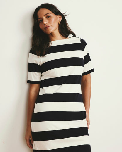 Belle Breton Stripe Jersey Dress - Ecru/Black Rugby Stripe | Universal Standard