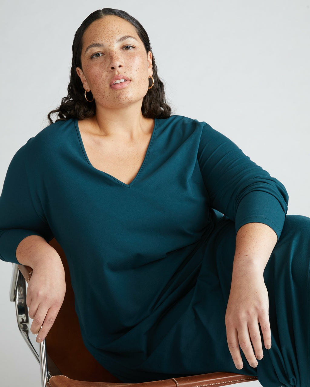 Iconic Long Sleeve V-Neck Geneva Dress - Deep Sea | Universal Standard