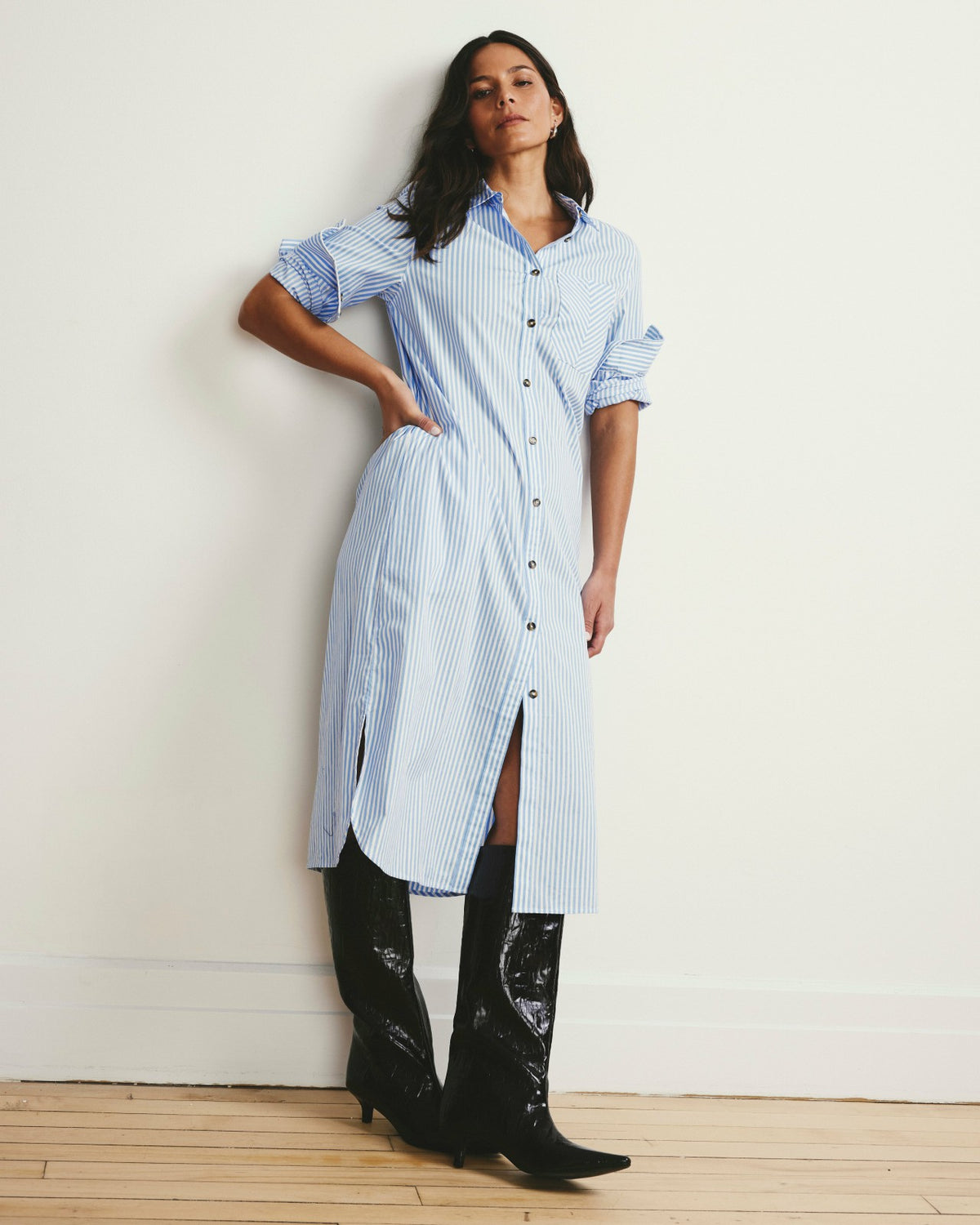 Odeon Stretch Poplin Shirtdress - Blue/White Stripe | Universal Standard