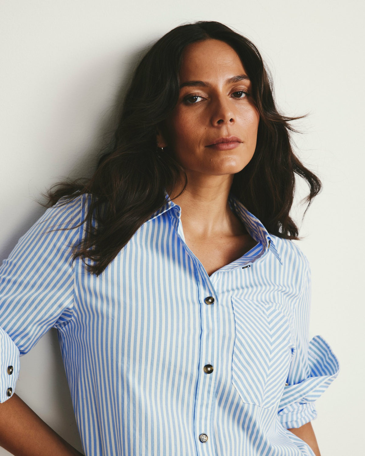 Odeon Stretch Poplin Shirtdress - Blue/White Stripe | Universal Standard