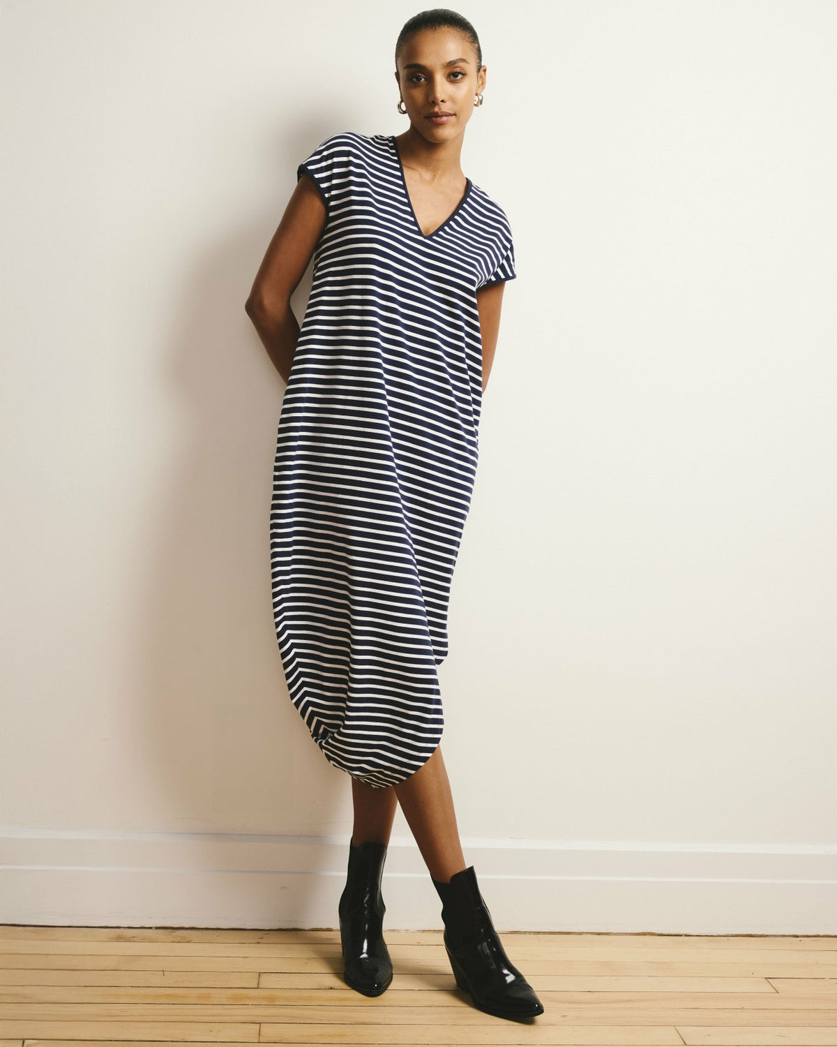 Iconic Geneva V-Neck Dress - Navy/White Stripe | Universal Standard