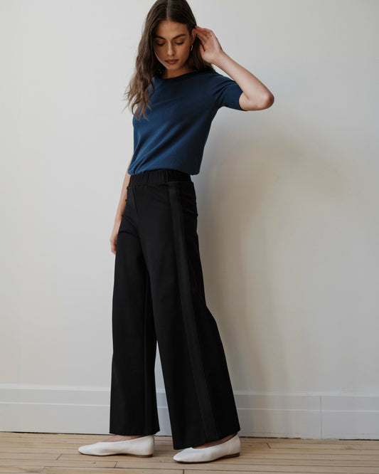 Stephanie Wide Leg Stripe Ponte Pants 30 Inch - Black with Black Strip | Universal Standard