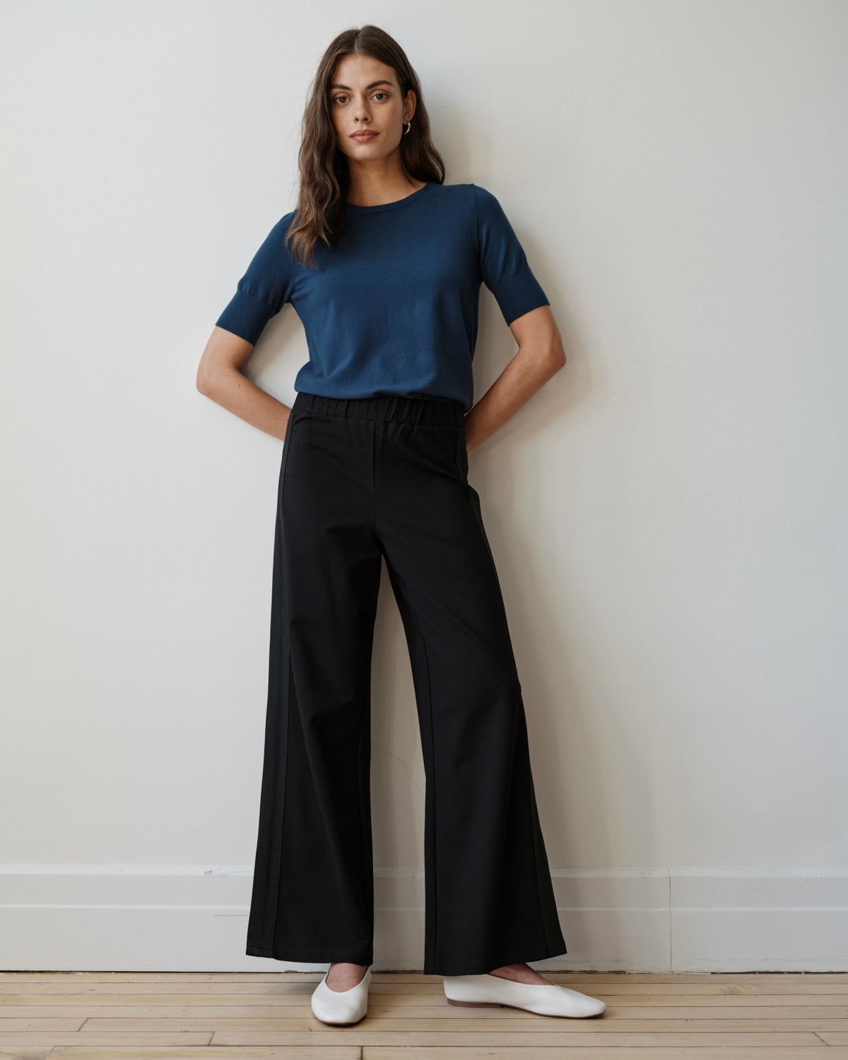 Stephanie Wide Leg Stripe Ponte Pants 30 Inch - Black with Black Strip | Universal Standard