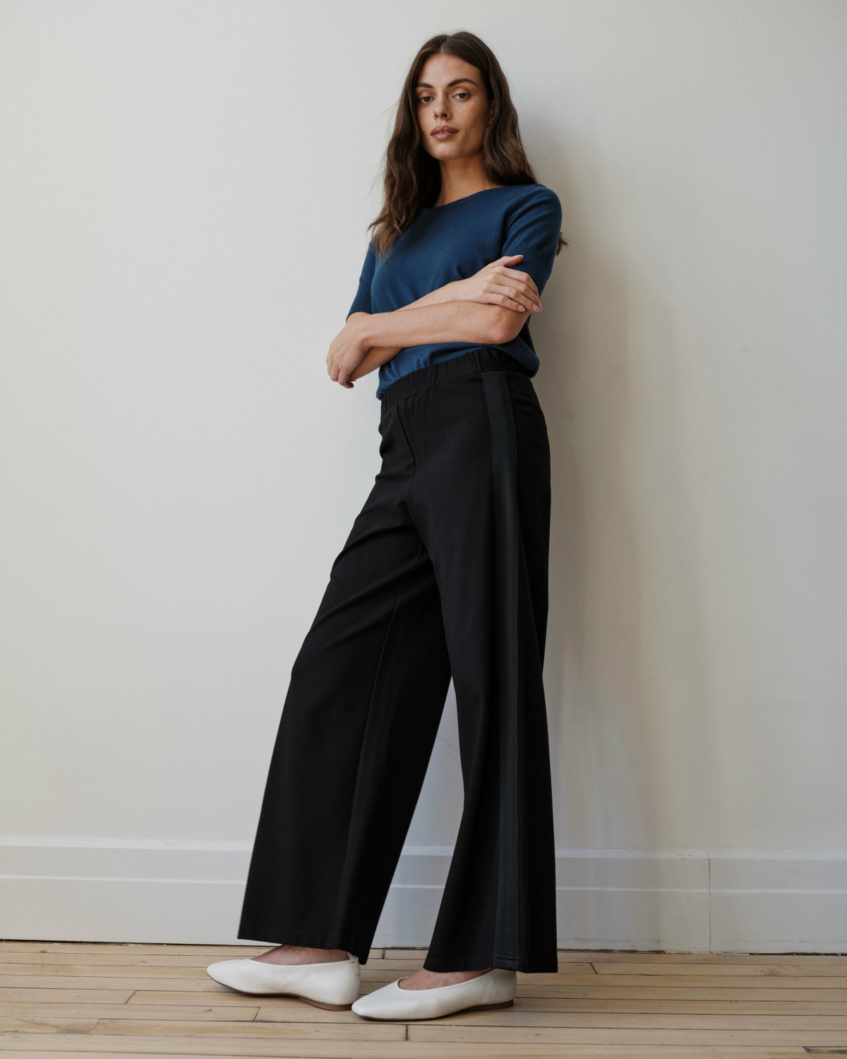 Stephanie Wide Leg Stripe Ponte Pants 30 Inch - Black with Black Strip | Universal Standard