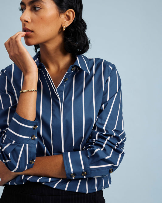 Elbe Popover Stretch Poplin Shirt Classic Fit - Ensign Blue/White Stri | Universal Standard