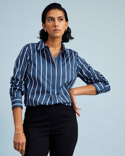 Elbe Popover Stretch Poplin Shirt Classic Fit - Ensign Blue/White Stri | Universal Standard