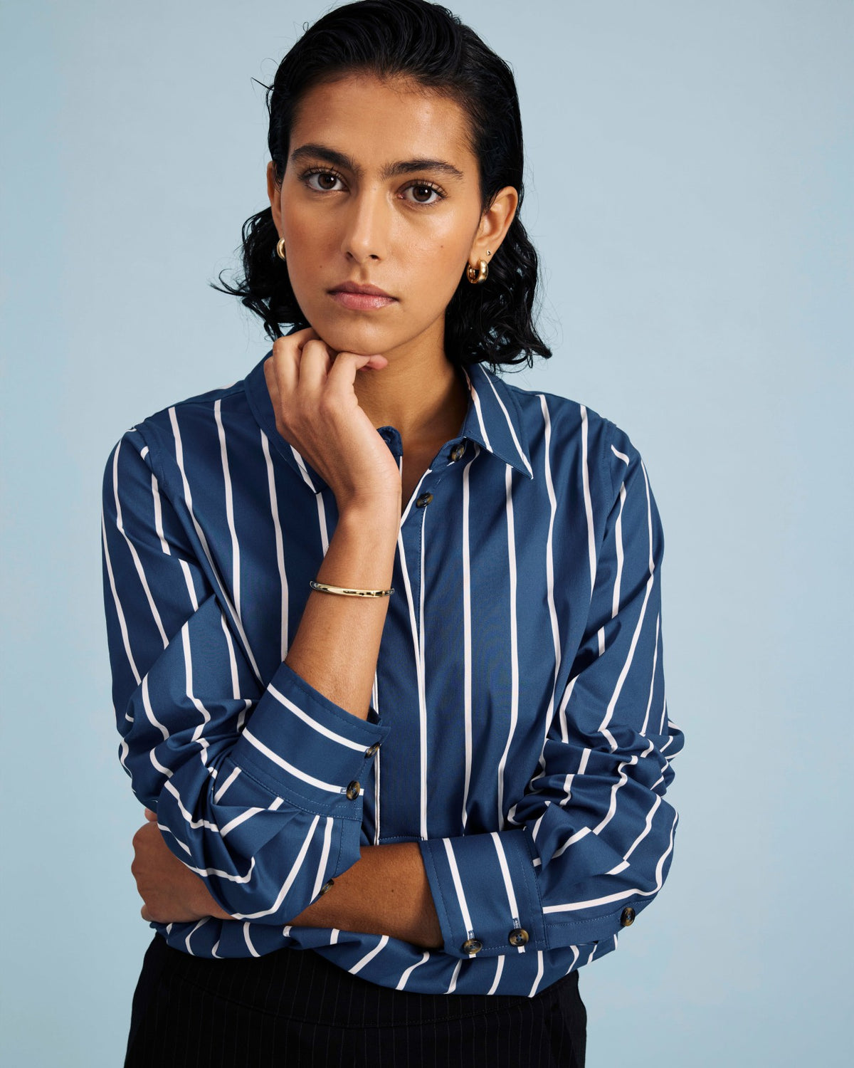 Elbe Popover Stretch Poplin Shirt Classic Fit - Ensign Blue/White Stri | Universal Standard