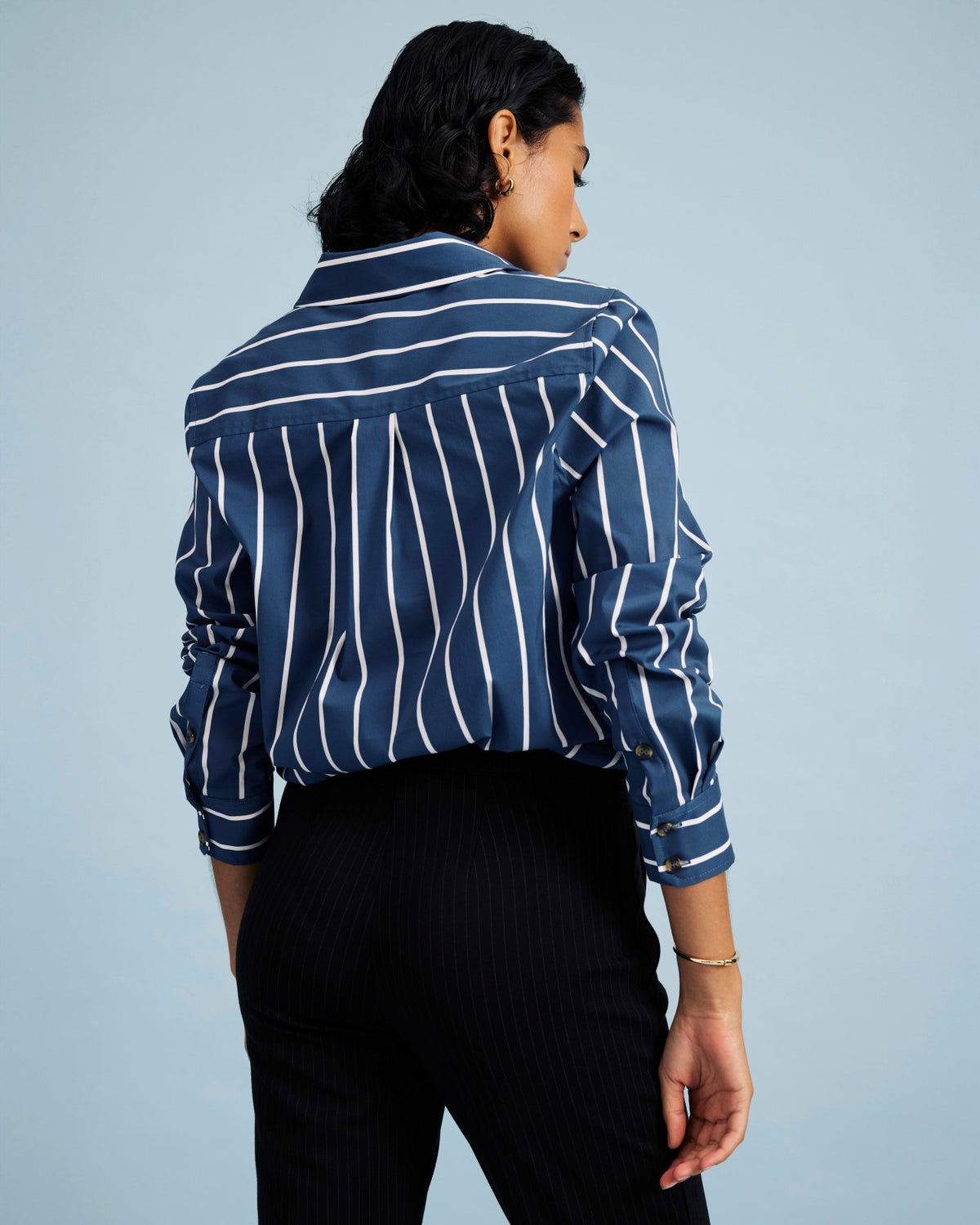 Elbe Popover Stretch Poplin Shirt Classic Fit - Ensign Blue/White Stri | Universal Standard