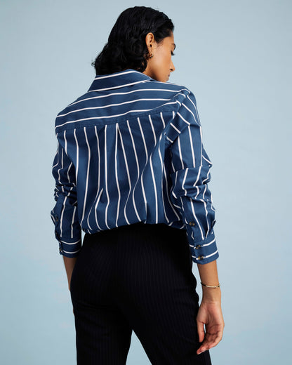 Elbe Popover Stretch Poplin Shirt Classic Fit - Ensign Blue/White Stri | Universal Standard