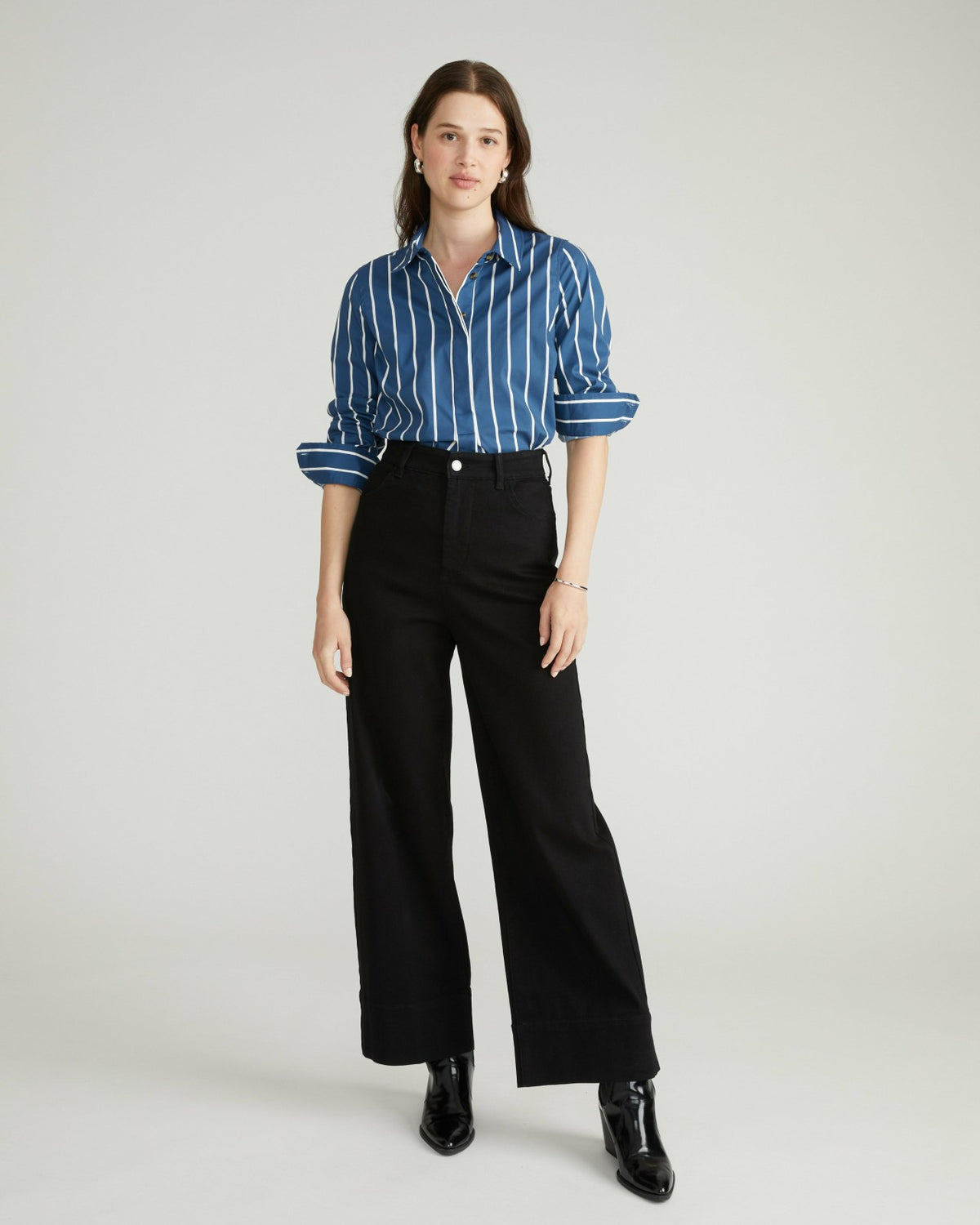 Elbe Popover Stretch Poplin Shirt Classic Fit - Ensign Blue/White Stri | Universal Standard
