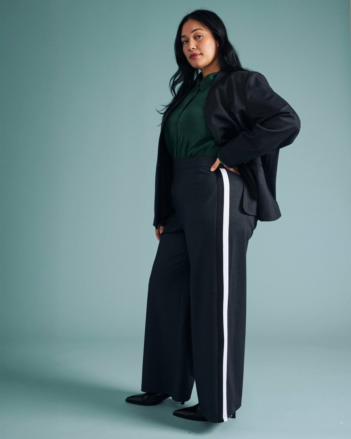 PowerPonte Denim Stephanie Pants - Charcoal with Black/White Stripe | Universal Standard
