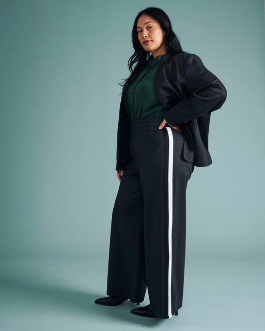 PowerPonte Denim Stephanie Pants - Charcoal with Black/White Stripe | Universal Standard