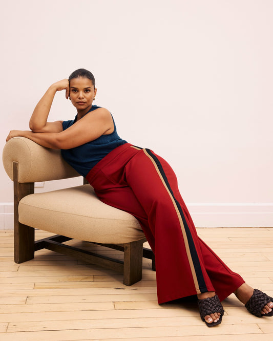 Stephanie Wide Leg Stripe Ponte Pants 30 Inch - Garnet with Camel/Blac | Universal Standard