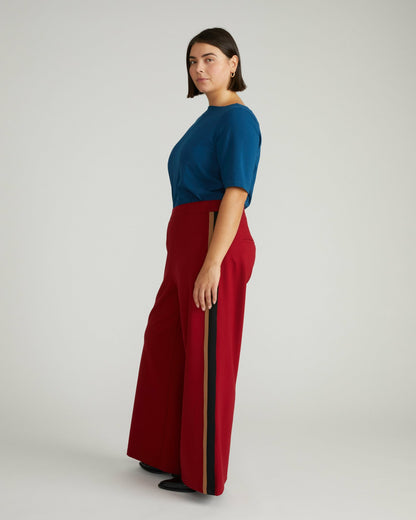 Stephanie Wide Leg Stripe Ponte Pants 30 Inch - Garnet with Camel/Blac | Universal Standard