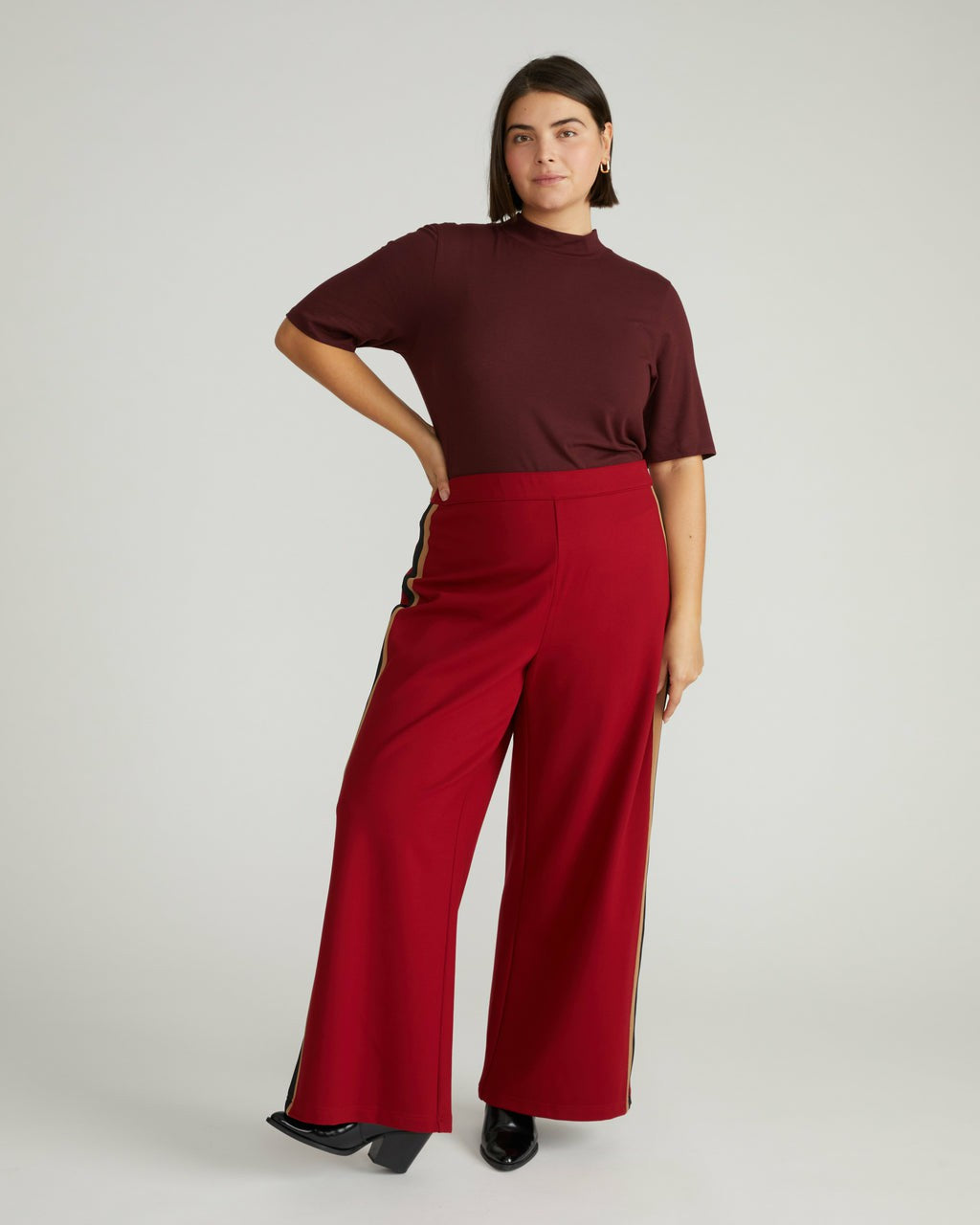 Stephanie Wide Leg Stripe Ponte Pants 30 Inch - Garnet with Camel/Blac | Universal Standard