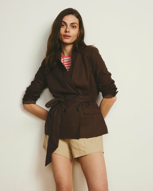 Belted Double Breasted Linen Blend Blazer - Sophisticated Brown | Universal Standard