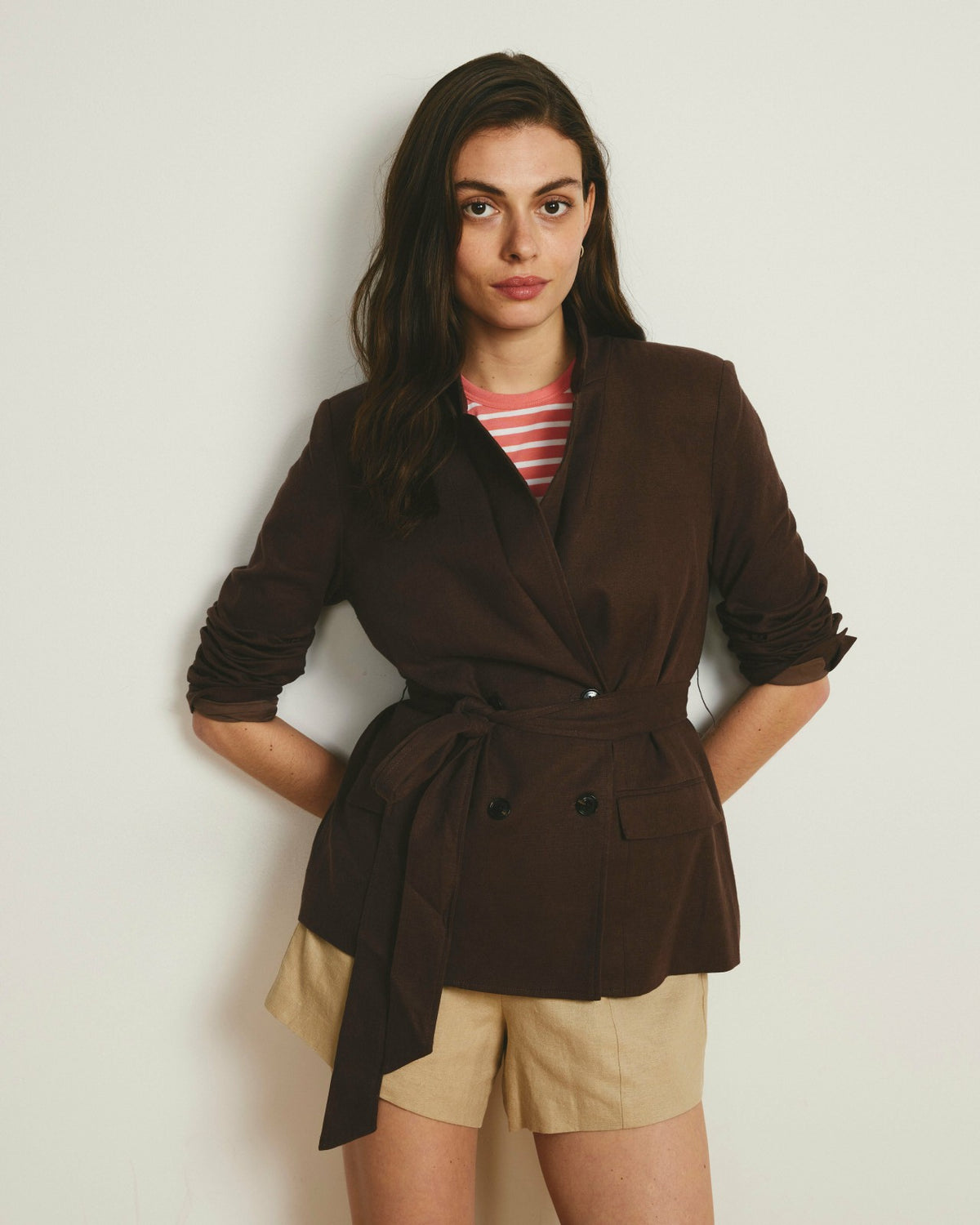 Belted Double Breasted Linen Blend Blazer - Sophisticated Brown | Universal Standard