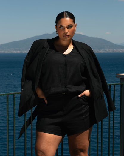 Belted Double Breasted Linen Blend Blazer - Black | Universal Standard
