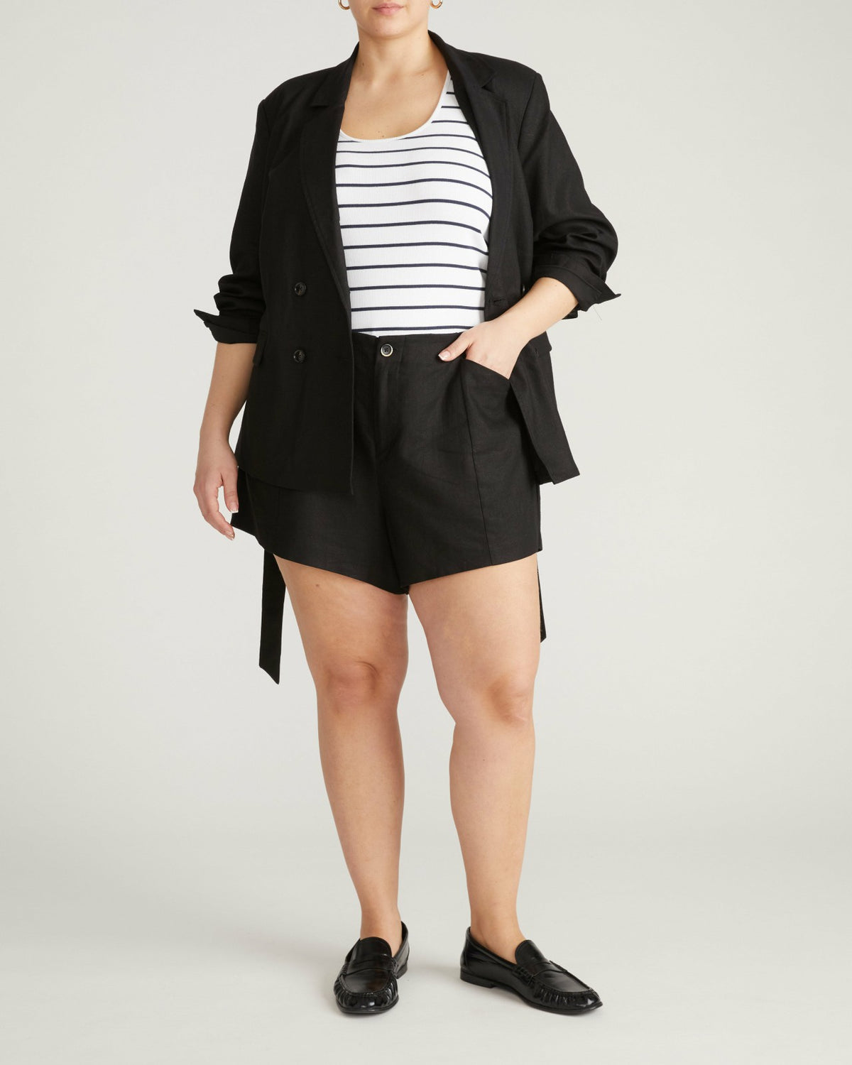 Belted Double Breasted Linen Blend Blazer - Black | Universal Standard