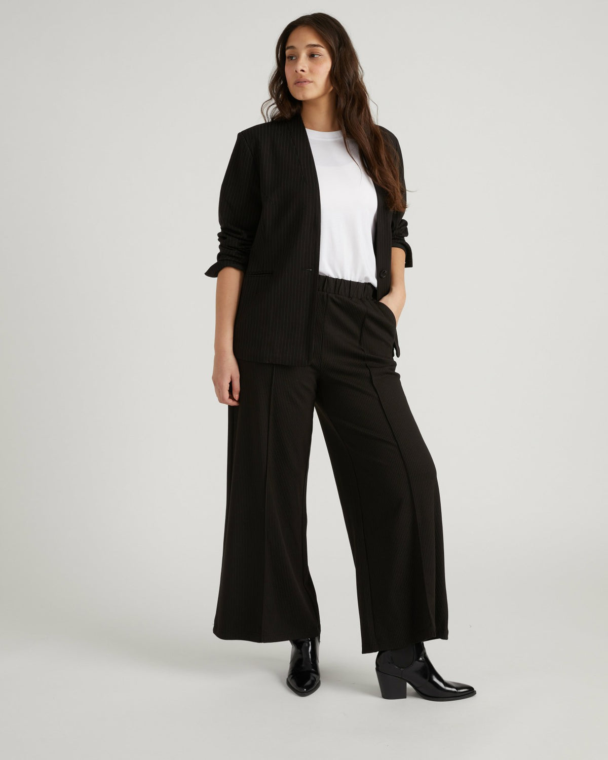 Lennox Collarless Ponte Blazer - Slate Pinstripe | Universal Standard