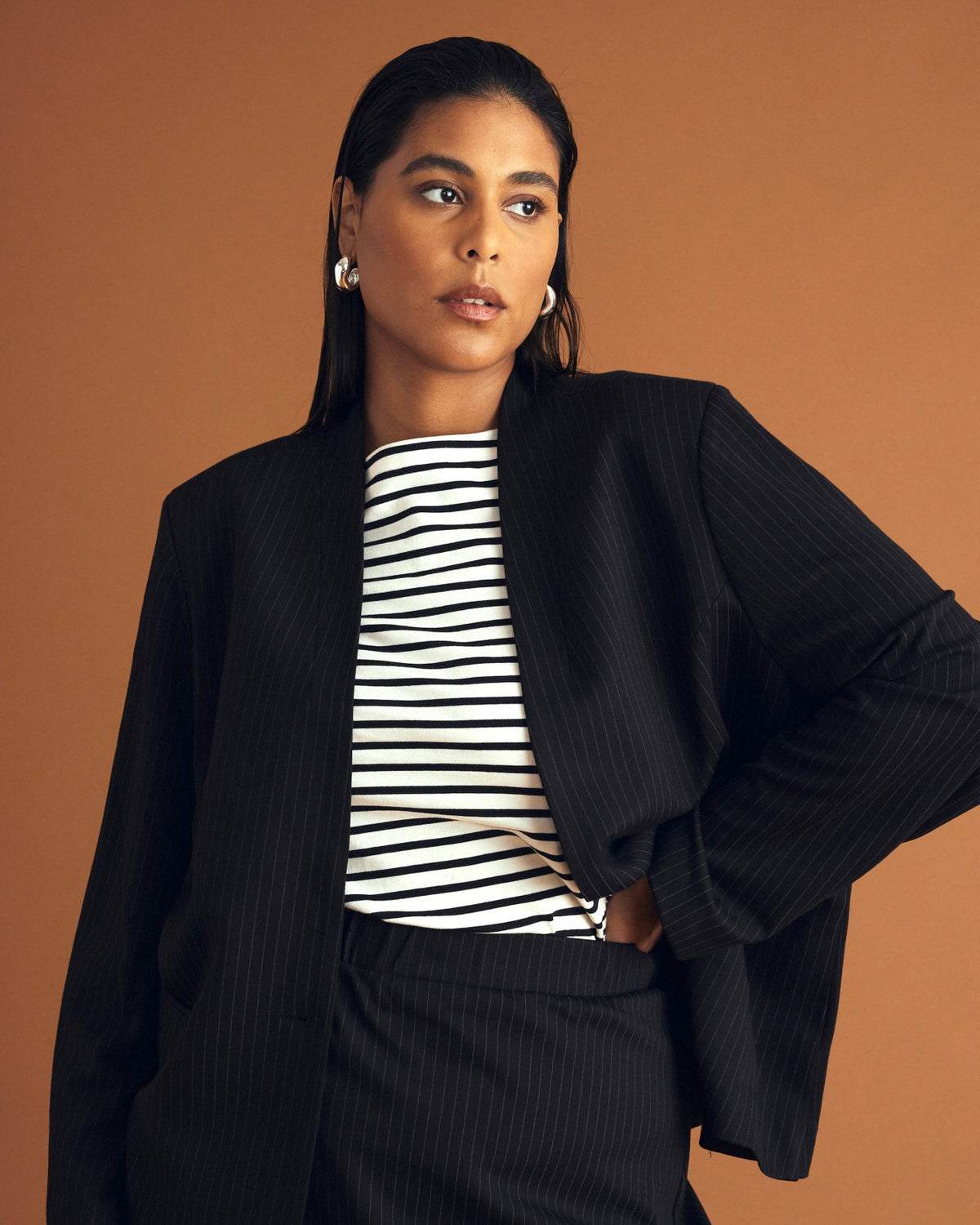 Lennox Collarless Ponte Blazer - Slate Pinstripe | Universal Standard