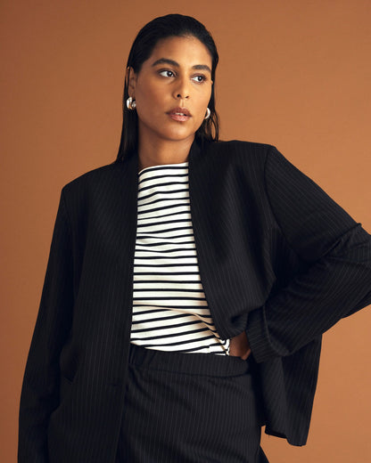 Lennox Collarless Ponte Blazer - Slate Pinstripe | Universal Standard