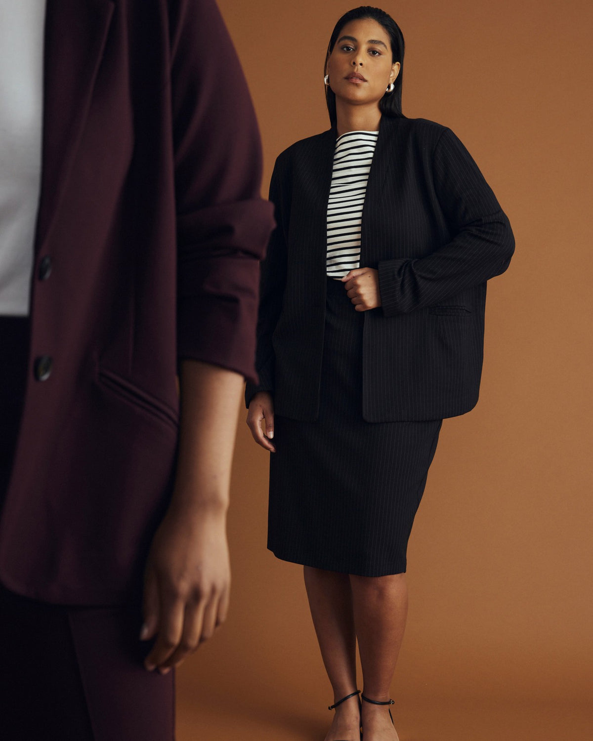 Lennox Collarless Ponte Blazer - Slate Pinstripe | Universal Standard