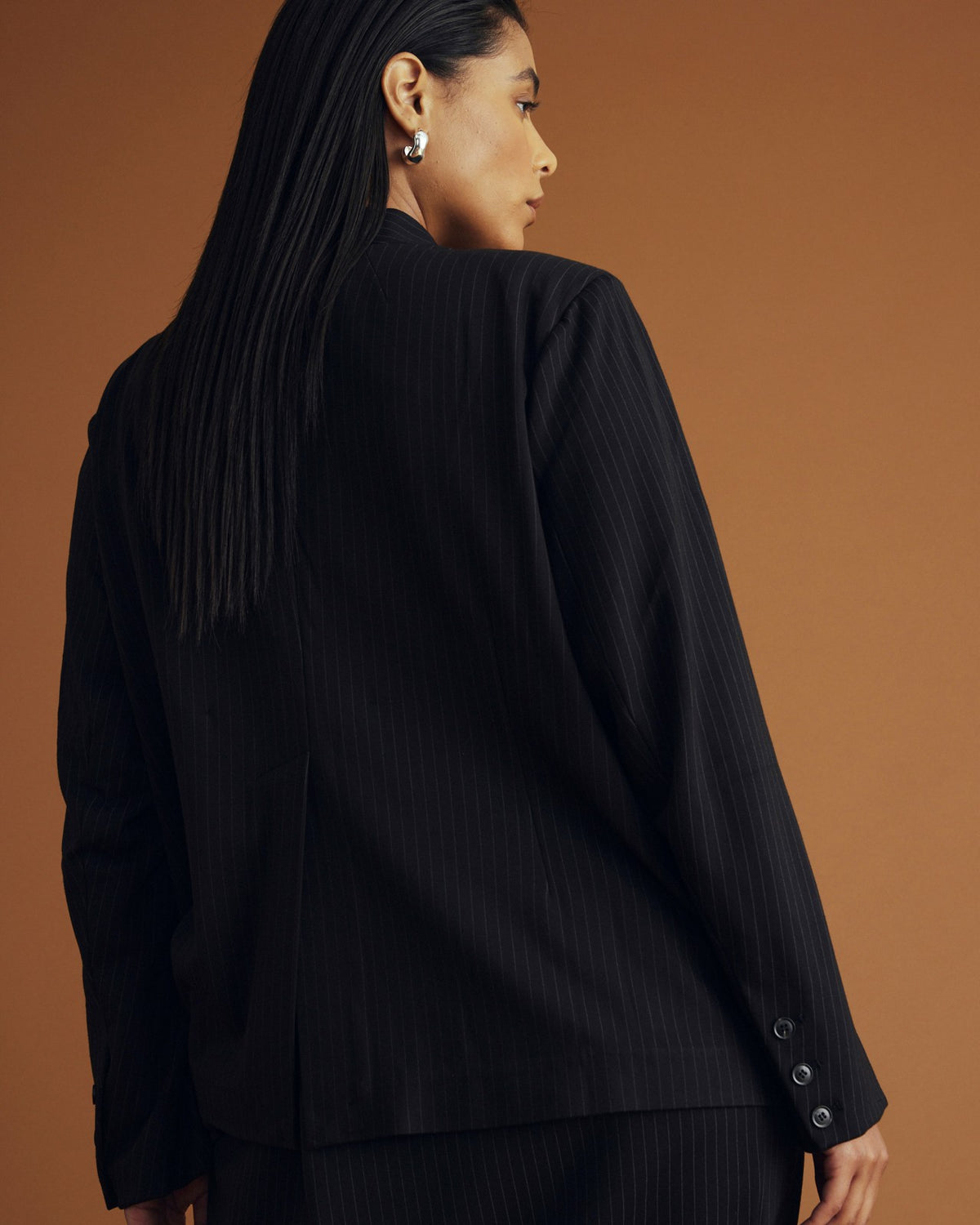 Lennox Collarless Ponte Blazer - Slate Pinstripe | Universal Standard