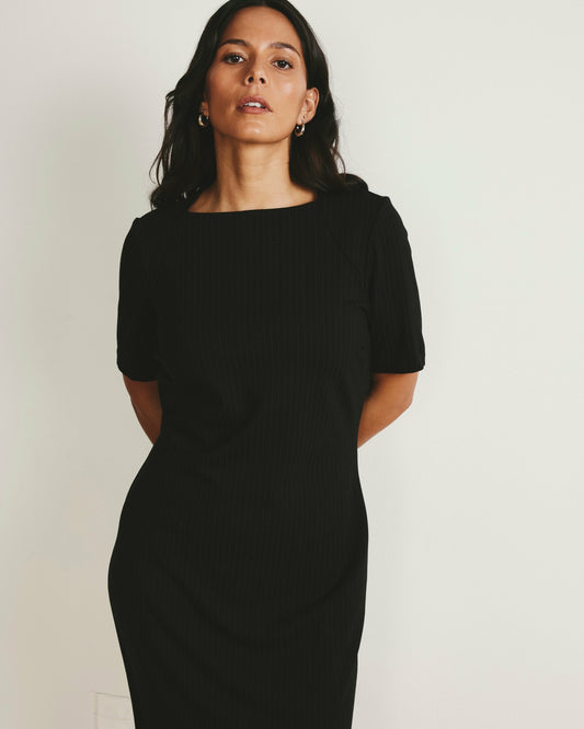 Envelope Neck Ponte Dress - Slate Pinstripe | Universal Standard