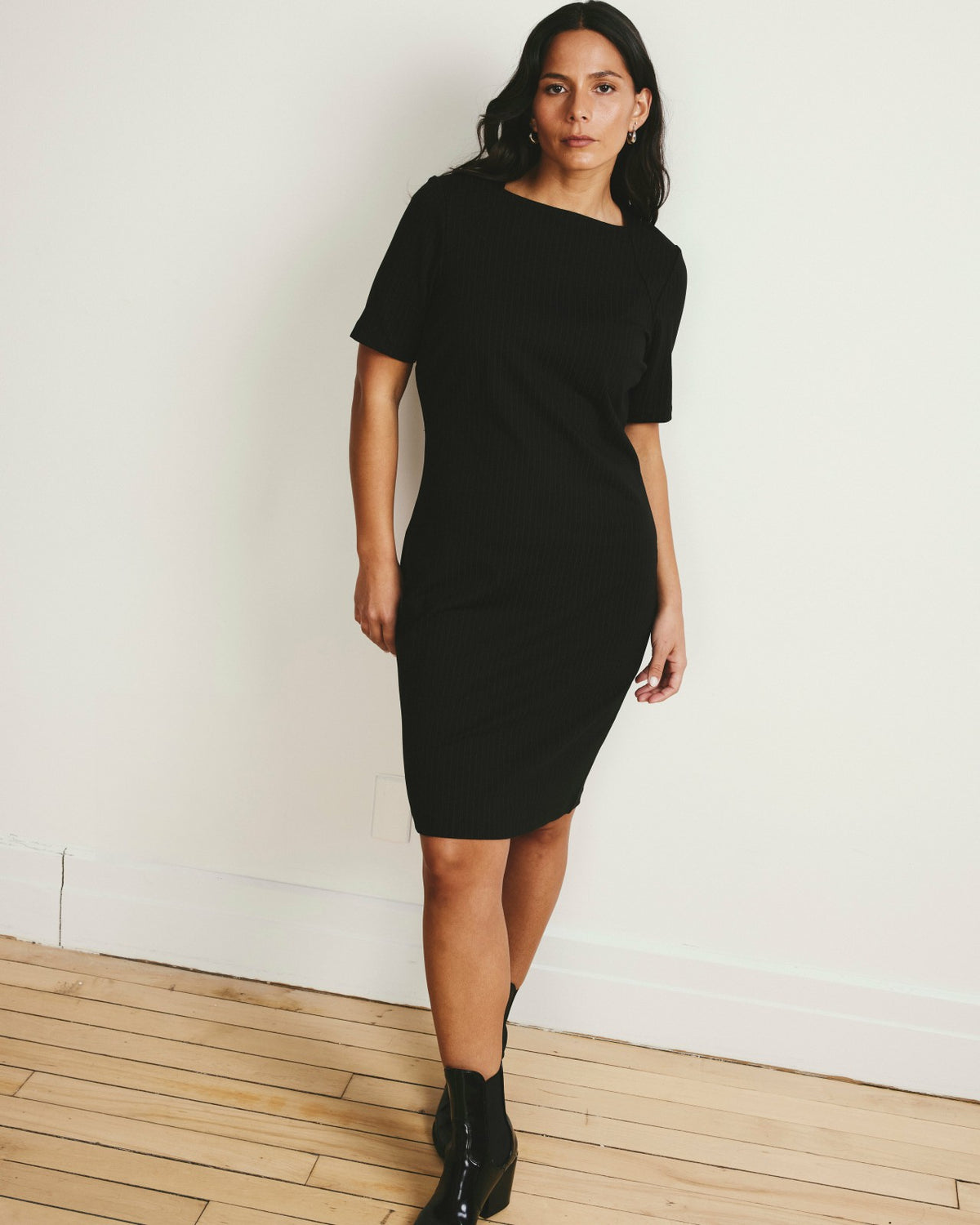 Envelope Neck Ponte Dress - Slate Pinstripe | Universal Standard