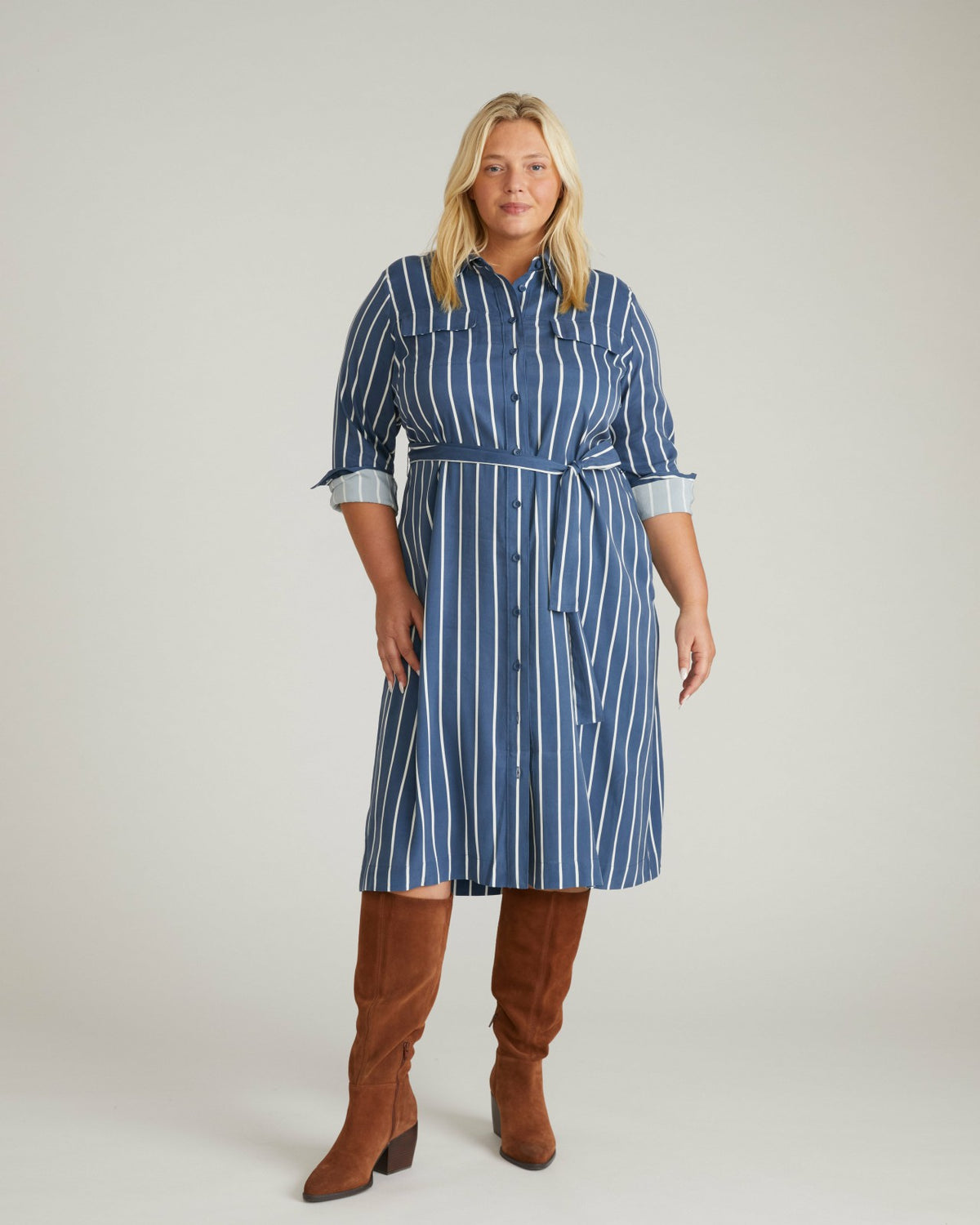 Cooling Stretch Cupro Savannah Dress - Ensign Blue/White Stripe | Universal Standard