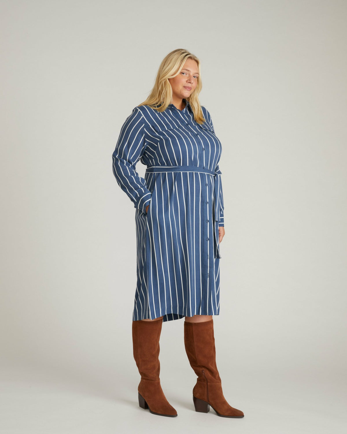 Cooling Stretch Cupro Savannah Dress - Ensign Blue/White Stripe | Universal Standard