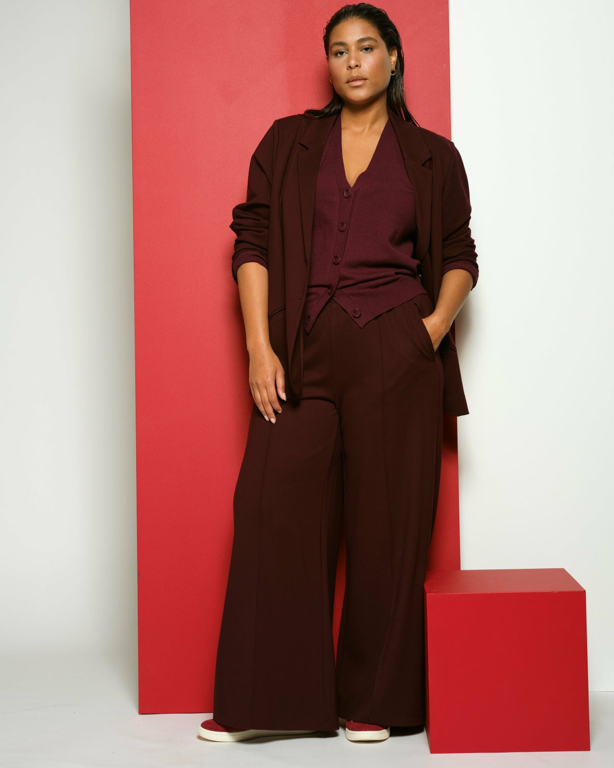 Pam Pintuck Wide Leg Ponte Pants - Black Cherry | Universal Standard