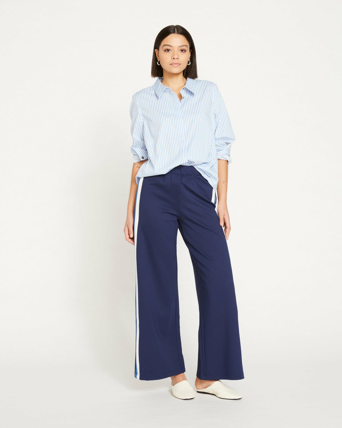 Stephanie Wide Leg Stripe Ponte Pants 30 Inch - Navy with Blue/White S | Universal Standard