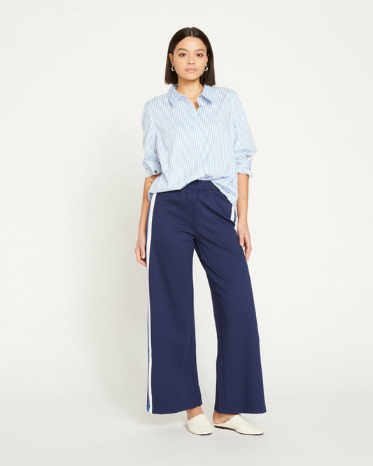 Stephanie Wide Leg Stripe Ponte Pants 30 Inch - Navy with Blue/White S | Universal Standard