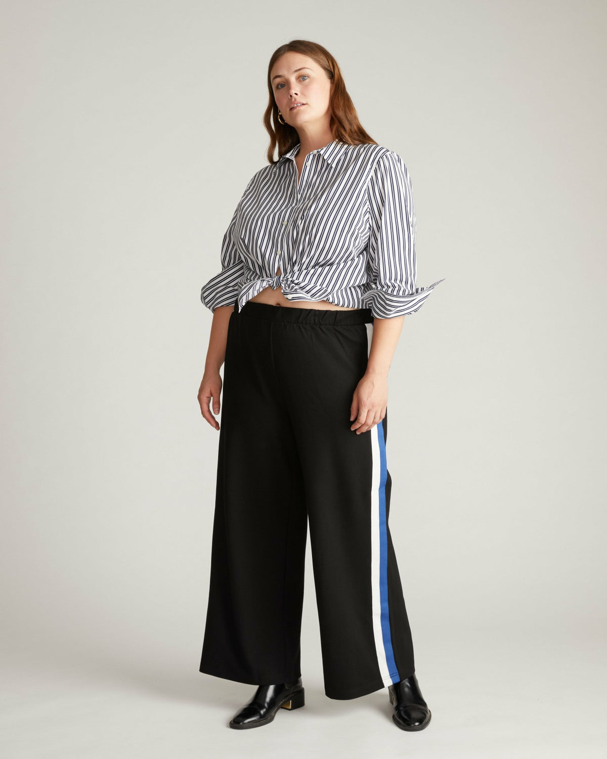 Stephanie Wide Leg Stripe Ponte Pants 30 Inch - Black with Blue/White  | Universal Standard