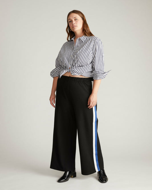 Stephanie Wide Leg Stripe Ponte Pants 30 Inch - Black with Blue/White  | Universal Standard
